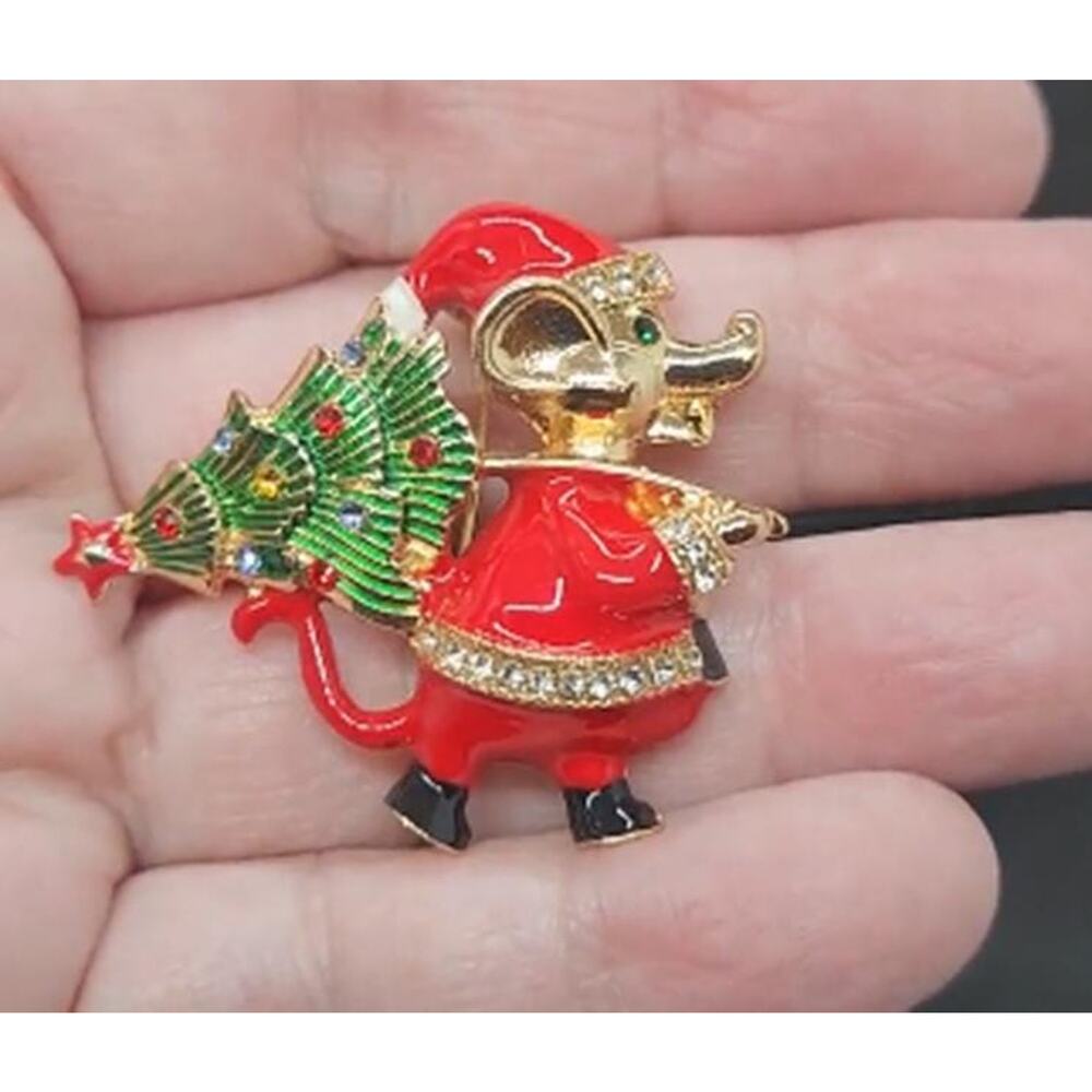 Enamel Rhinestone Santa Mouse Brooch - Carrying Christmas Tree